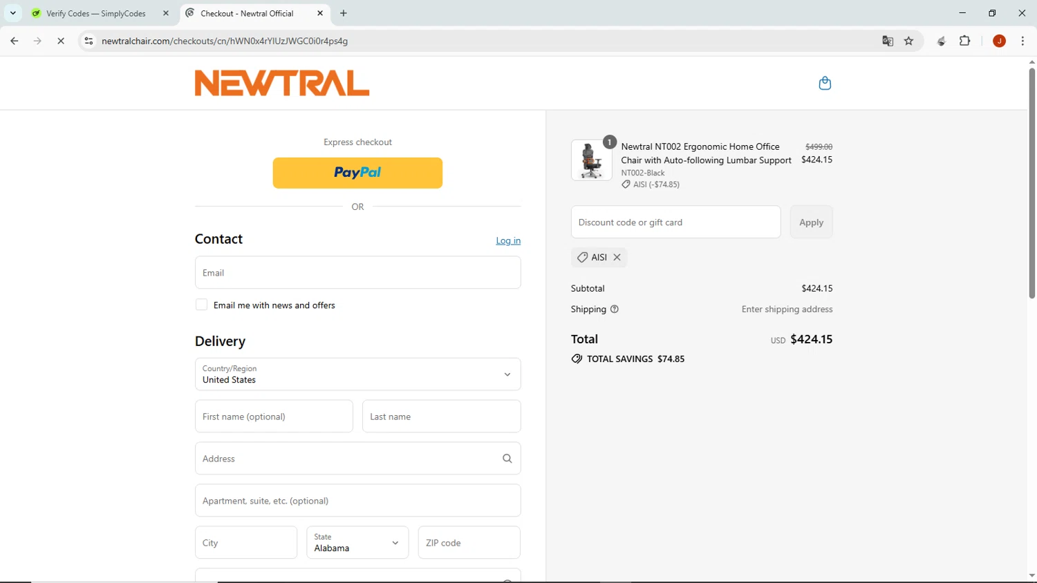 Newtral Official promo code screenshot showing code AISI applied at Newtral Official checkout page. Uploaded by SimplyCodes community member NobleMaven802 on Jul 23, 2025