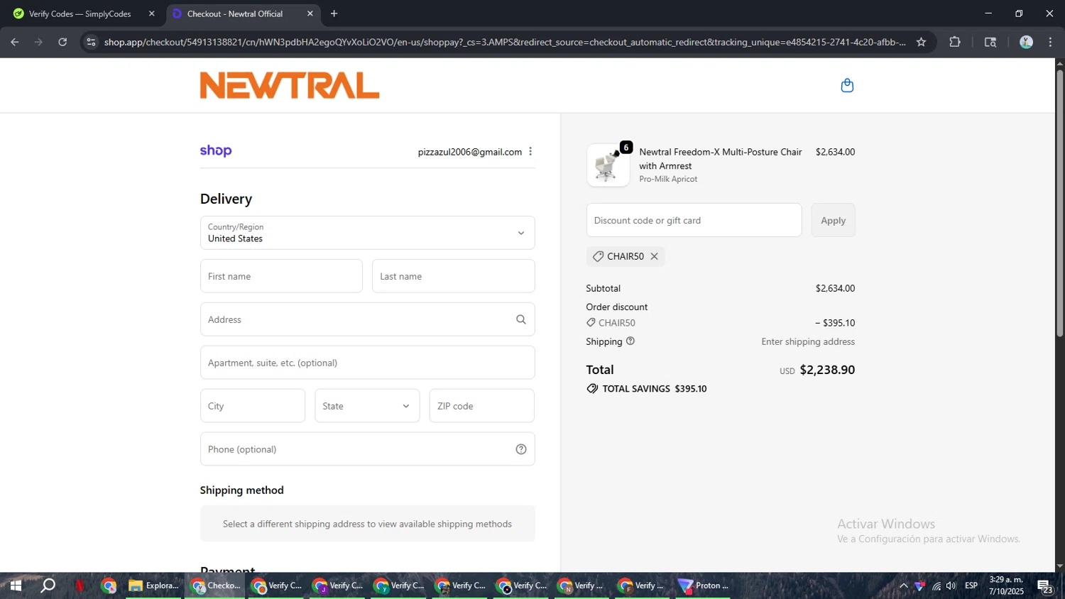 Newtral Official promo code screenshot showing code Chair50 applied at Newtral Official checkout page. Uploaded by SimplyCodes community member ShrewdSeeker6165 on Oct 7, 2025