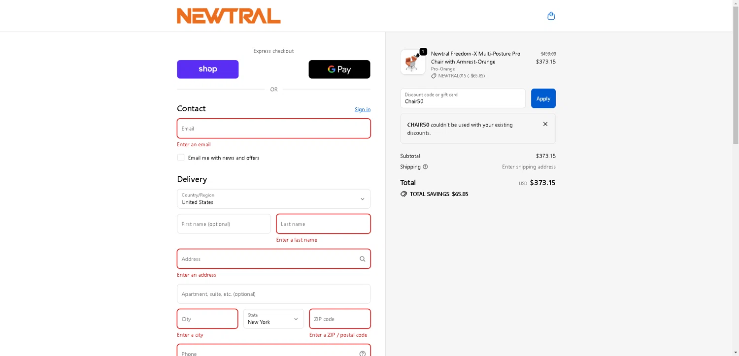 Newtral Official promo code screenshot showing code Chair50 applied at Newtral Official checkout page. Uploaded by SimplyCodes community member VoucherHero1009 on Oct 27, 2025