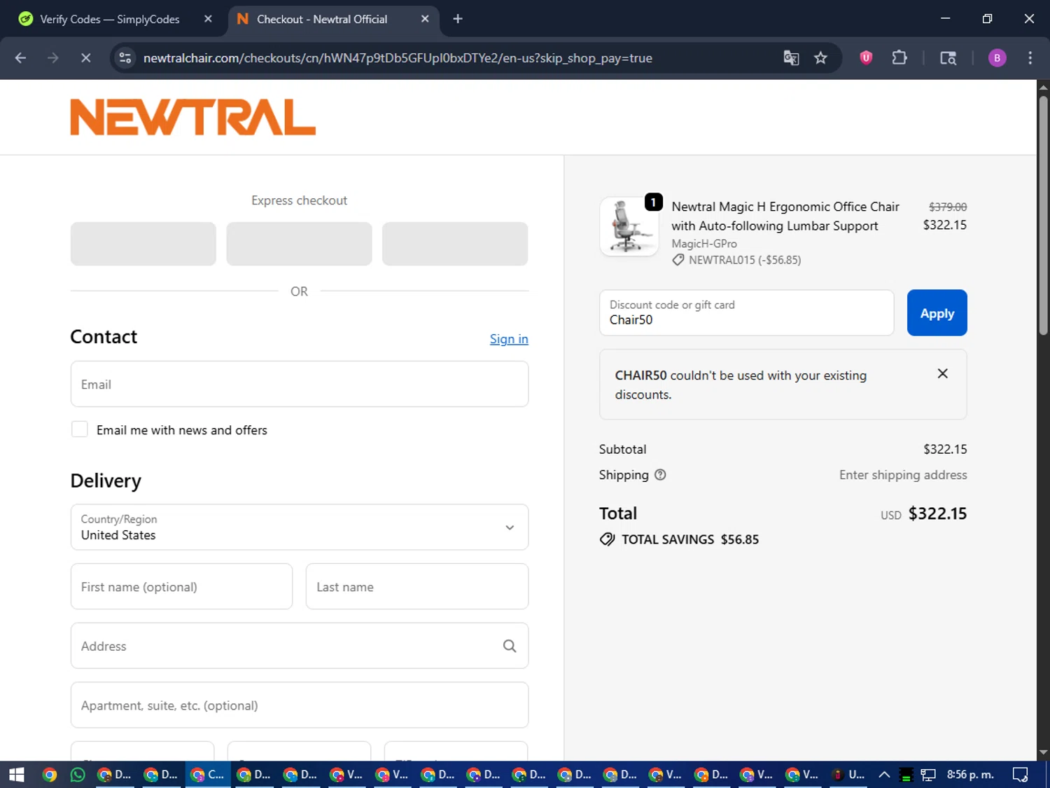 Newtral Official promo code screenshot showing code Chair50 applied at Newtral Official checkout page. Uploaded by SimplyCodes community member travisscott on Oct 15, 2025