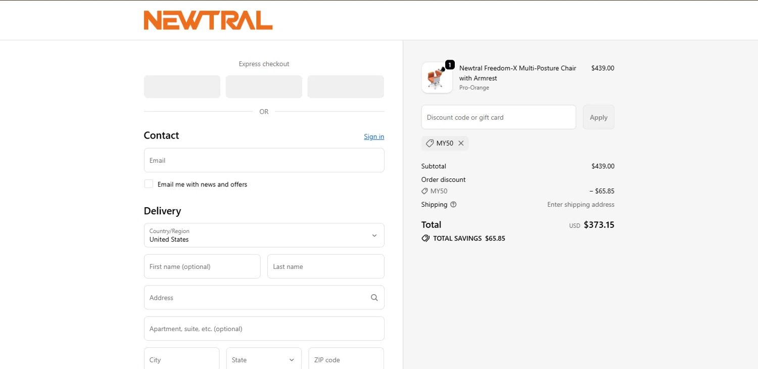 Newtral Official promo code screenshot showing code My50 applied at Newtral Official checkout page. Uploaded by SimplyCodes community member BrillianteMaestro892 on Oct 3, 2025