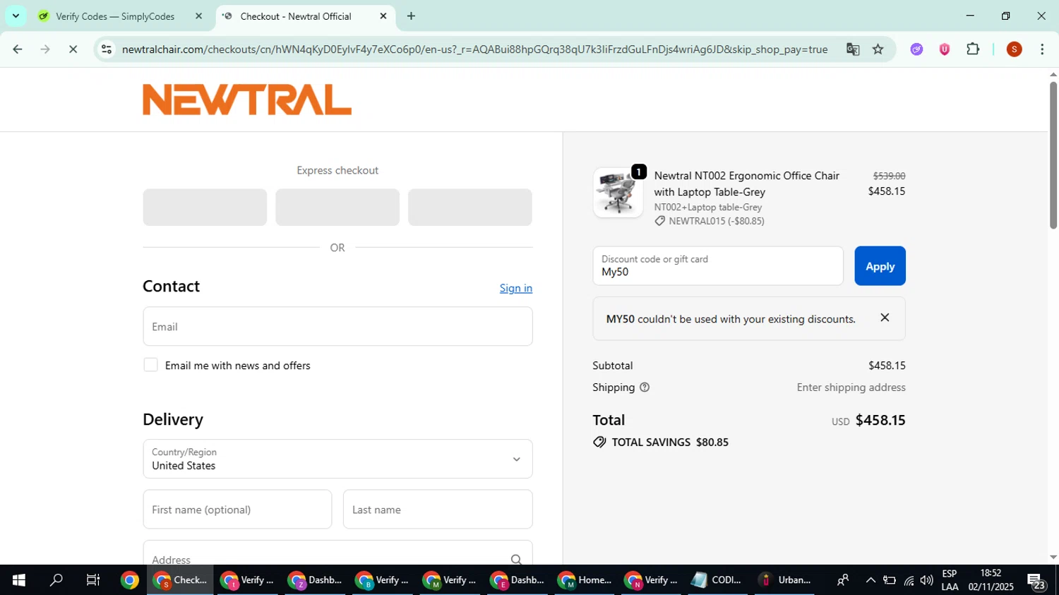 Newtral Official promo code screenshot showing code My50 applied at Newtral Official checkout page. Uploaded by SimplyCodes community member CleverTiger4265 on Nov 2, 2025