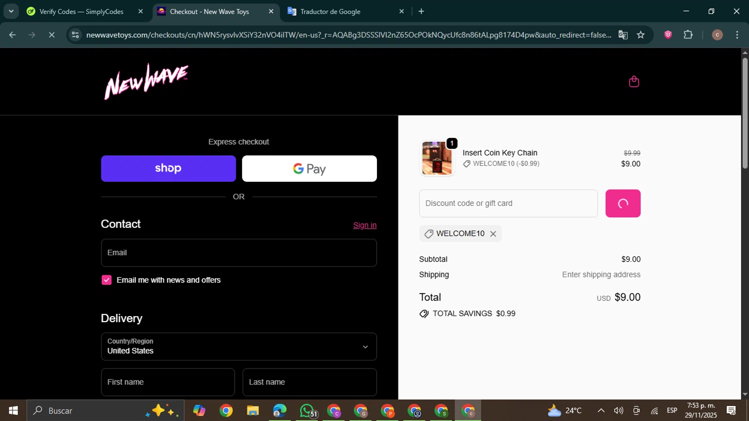 New Wave Toys discount code screenshot showing code WELCOME10 applied at New Wave Toys checkout page. Uploaded by SimplyCodes community member NobleExpert6497 on Nov 29, 2025