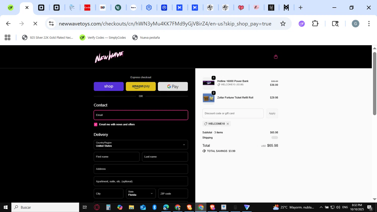 New Wave Toys discount code screenshot showing code WELCOME10 applied at New Wave Toys checkout page. Uploaded by SimplyCodes community member guest_623525963 on Oct 11, 2025