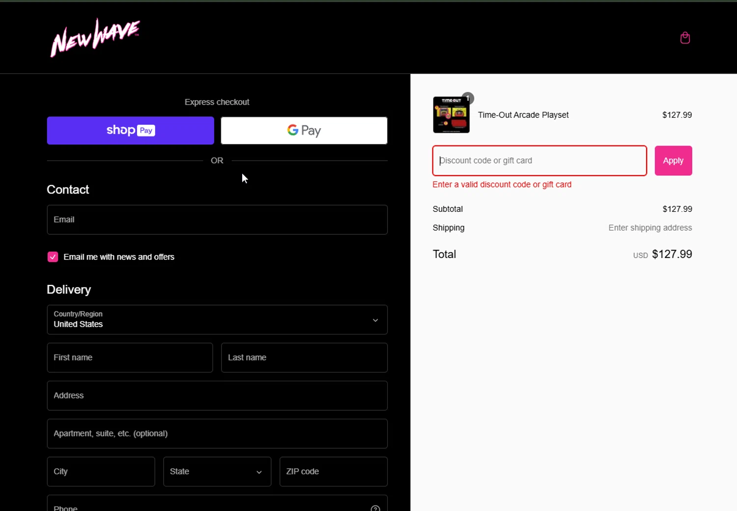 New Wave Toys discount code screenshot showing code TIMEOUT applied at New Wave Toys checkout page. Uploaded by SimplyCodes community member FelixelGato on Jan 19, 2025