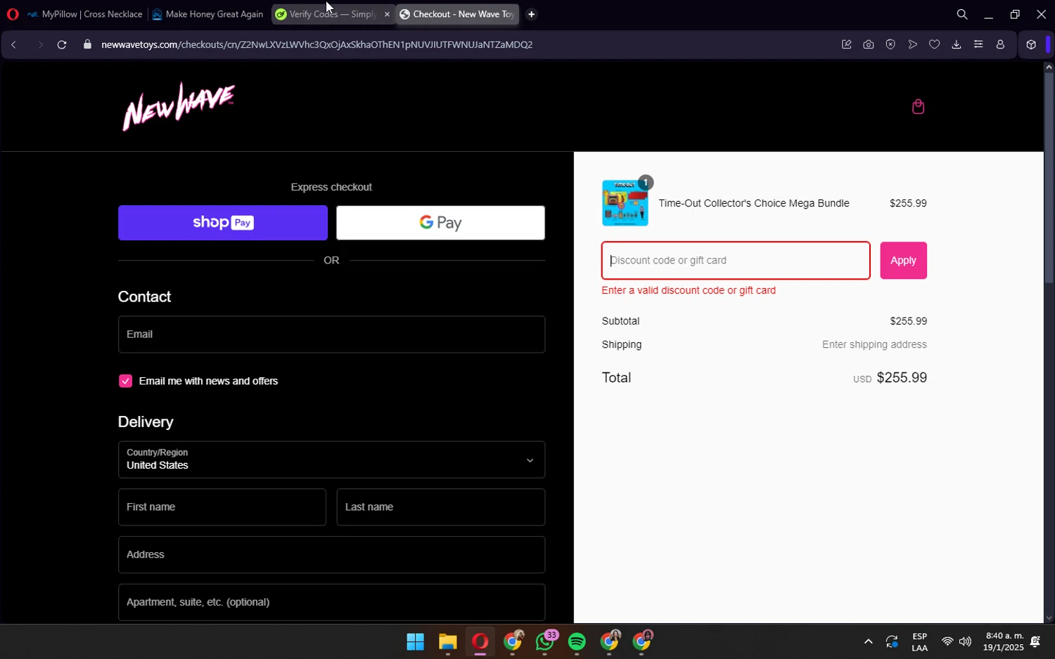 New Wave Toys discount code screenshot showing code TIMEOUT applied at New Wave Toys checkout page. Uploaded by SimplyCodes community member wednesday on Jan 19, 2025