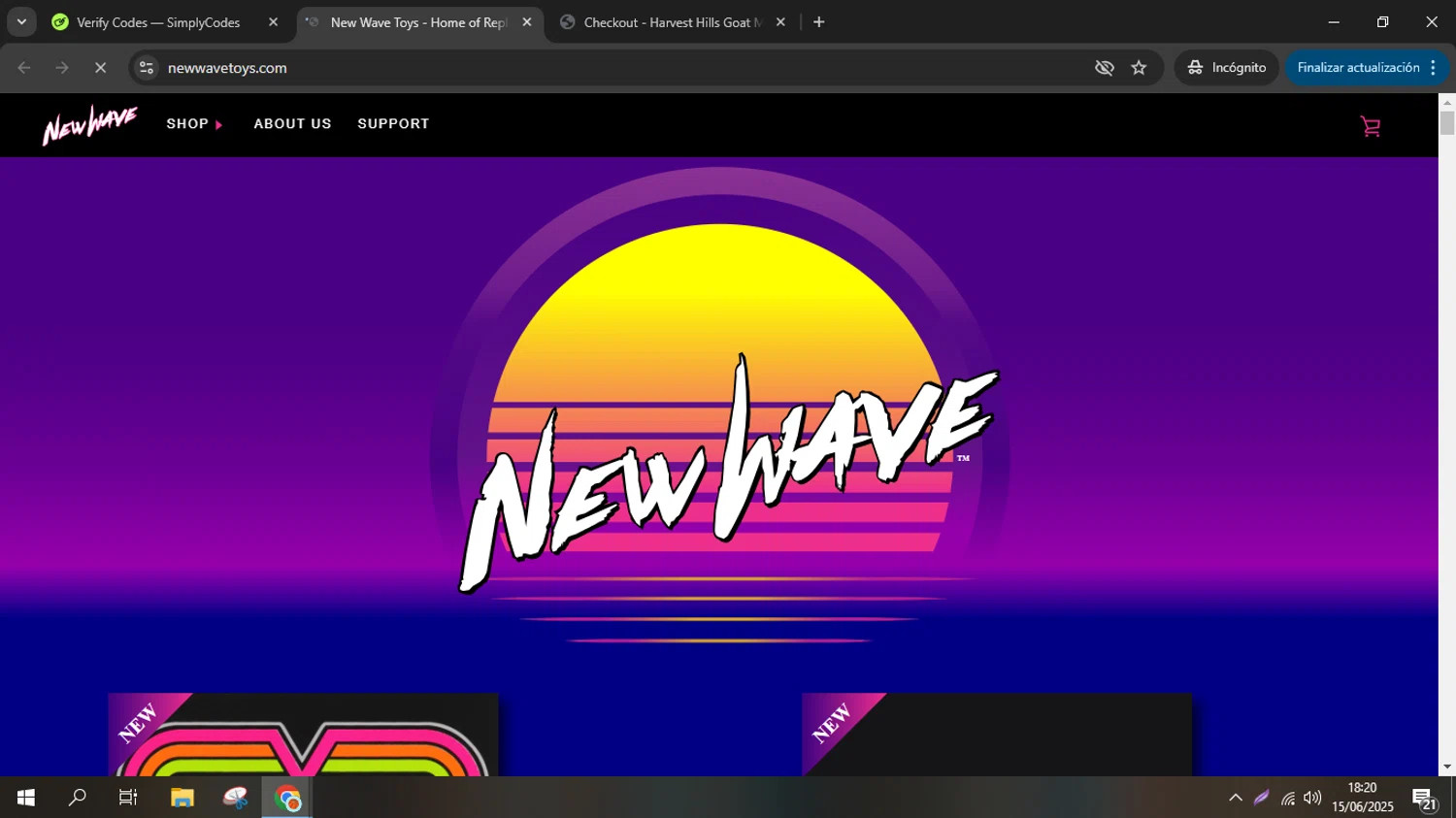 New Wave Toys discount code screenshot showing code VIP15 applied at New Wave Toys checkout page. Uploaded by SimplyCodes community member ANDREWW on Jun 15, 2025
