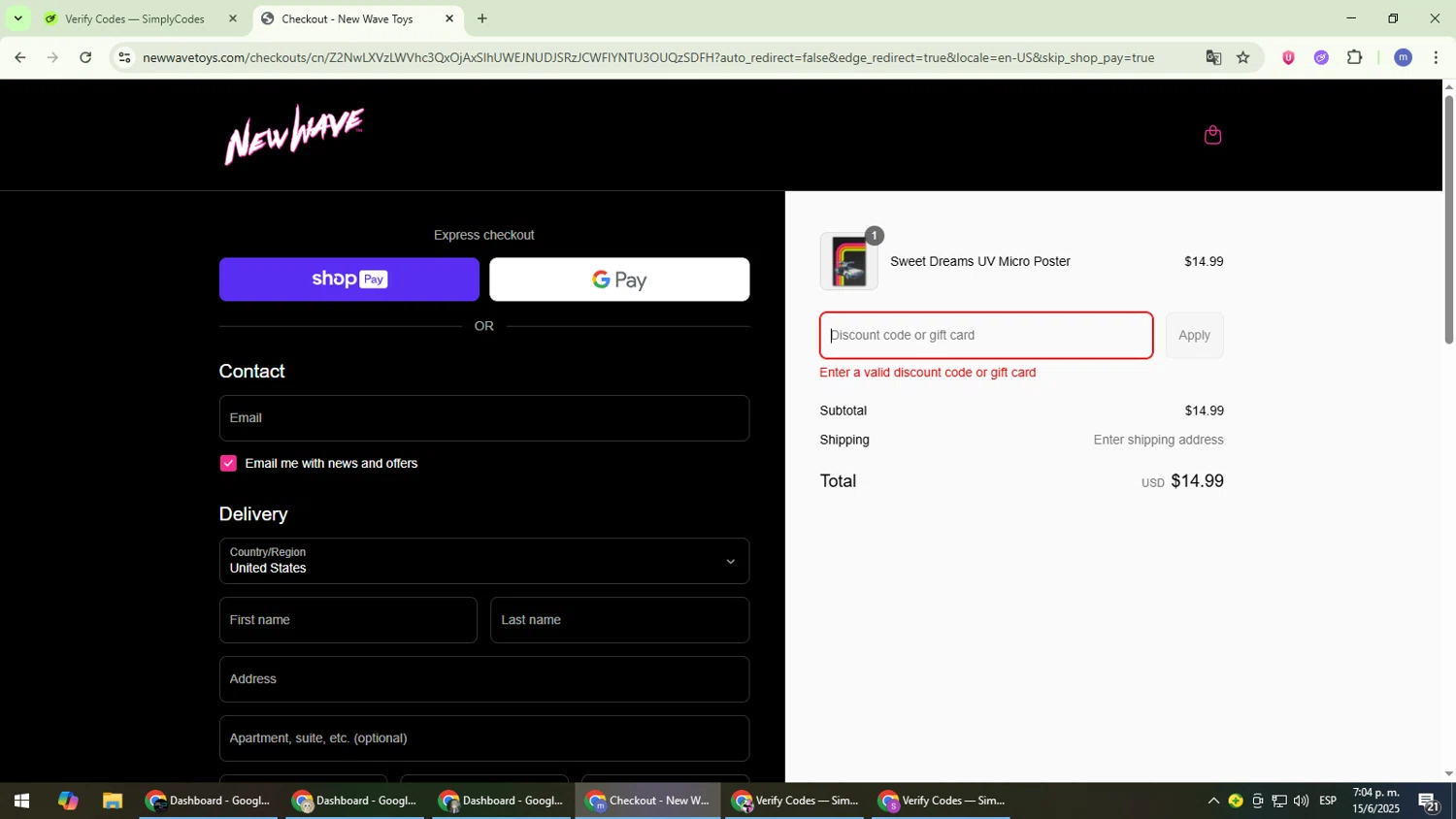 New Wave Toys discount code screenshot showing code VIP15 applied at New Wave Toys checkout page. Uploaded by SimplyCodes community member QuestDefender2661 on Jun 15, 2025
