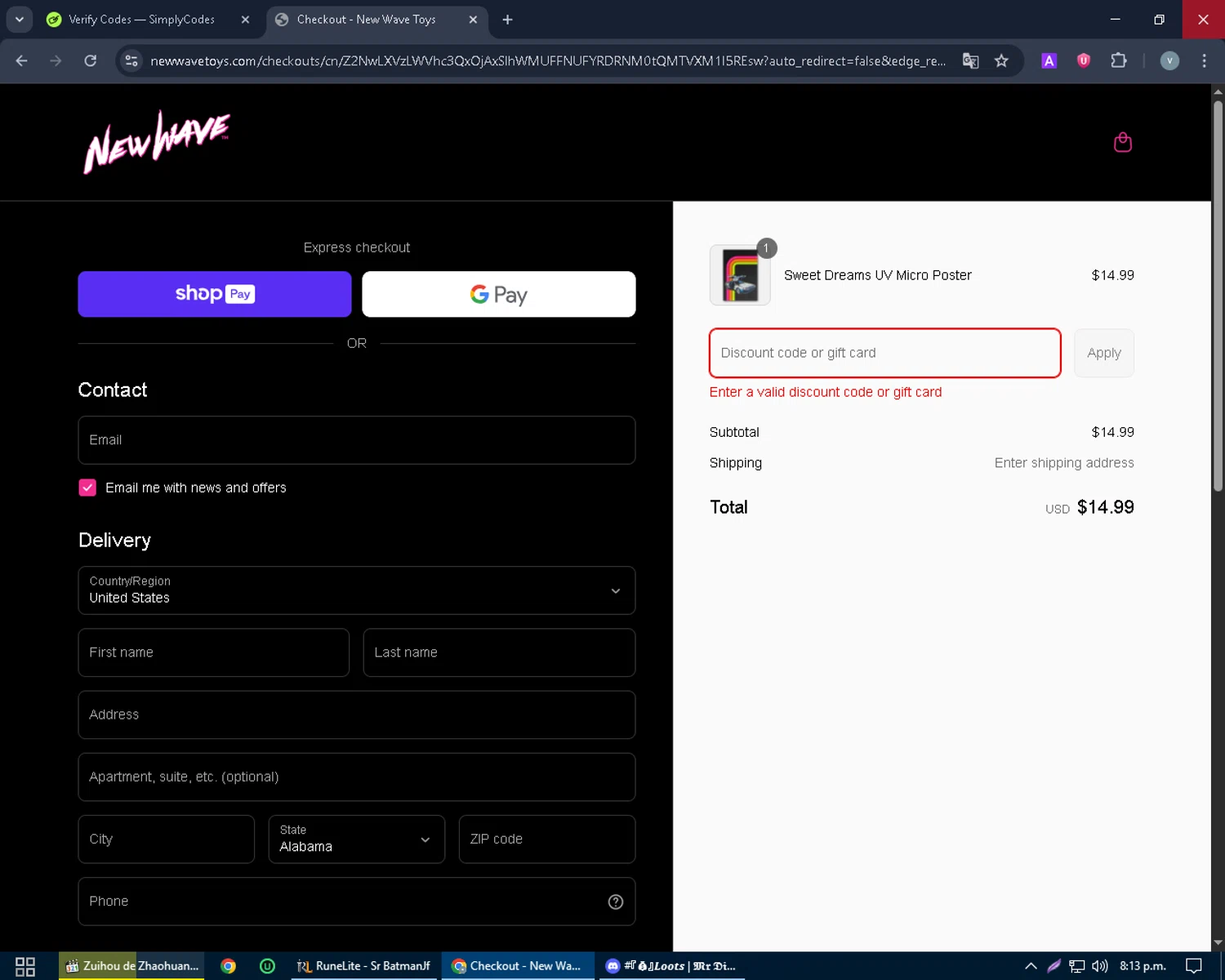 New Wave Toys discount code screenshot showing code VIP15 applied at New Wave Toys checkout page. Uploaded by SimplyCodes community member charmander589 on Jun 16, 2025