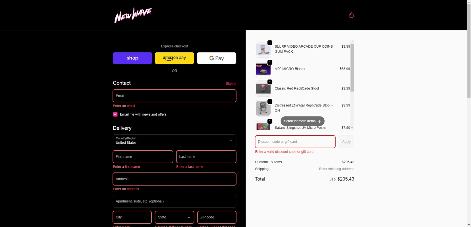 New Wave Toys discount code screenshot showing code VIP150 applied at New Wave Toys checkout page. Uploaded by SimplyCodes community member ValiantAce1810 on Dec 17, 2025