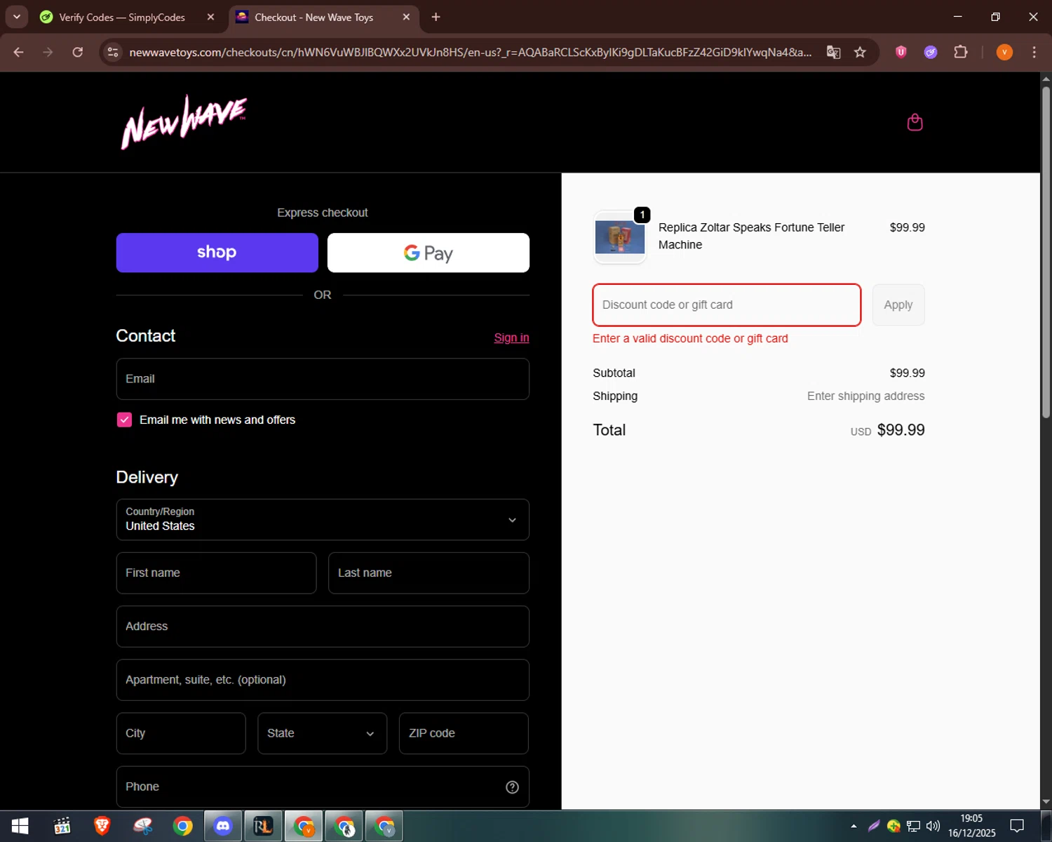 New Wave Toys discount code screenshot showing code VIP150 applied at New Wave Toys checkout page. Uploaded by SimplyCodes community member bulbasaur69 on Dec 16, 2025