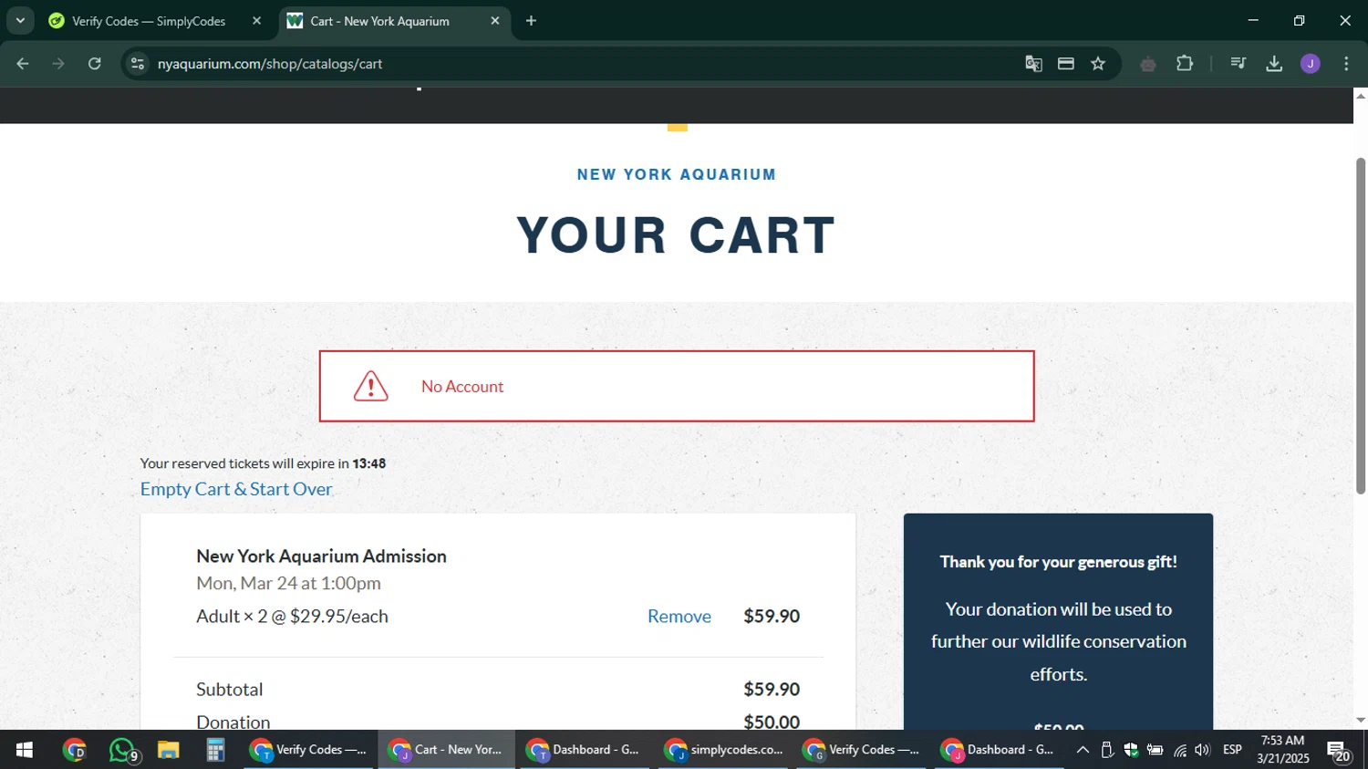 New York Aquarium promo code screenshot showing code MILITARYNYA applied at New York Aquarium checkout page. Uploaded by SimplyCodes community member sniderjack453 on Mar 21, 2025