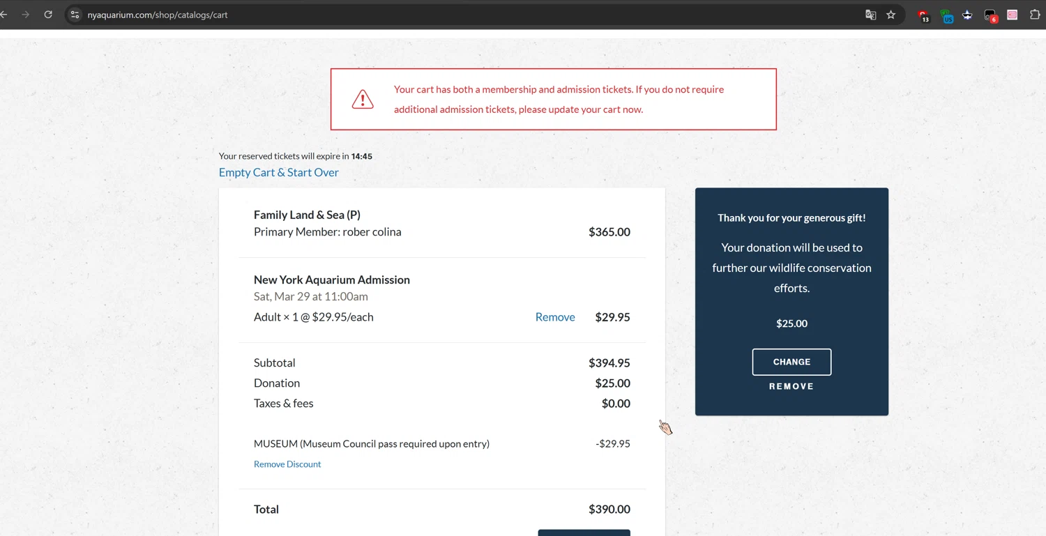 New York Aquarium promo code screenshot showing code MUSEUM applied at New York Aquarium checkout page. Uploaded by SimplyCodes community member Cbombis on Mar 21, 2025