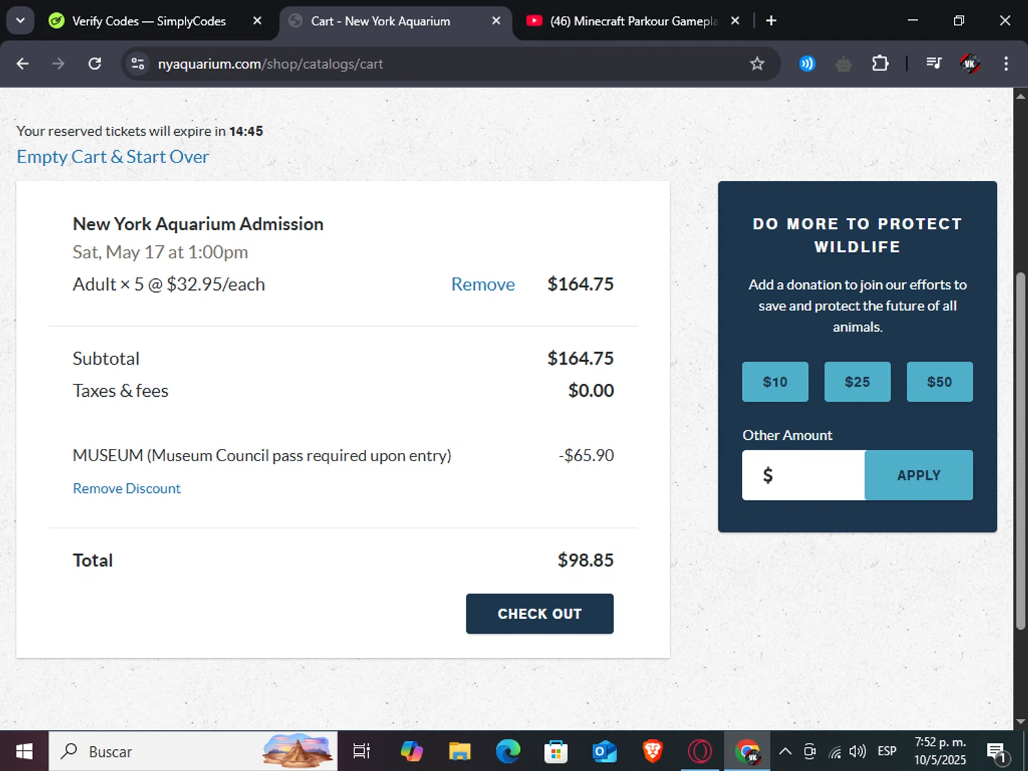 New York Aquarium promo code screenshot showing code MUSEUM applied at New York Aquarium checkout page. Uploaded by SimplyCodes community member TreasureAdmiral6867 on May 10, 2025
