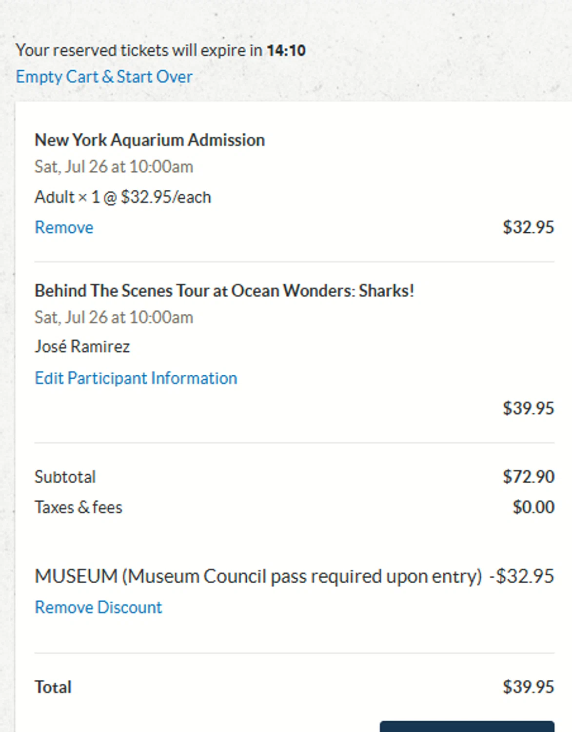 New York Aquarium promo code screenshot showing code MUSEUM applied at New York Aquarium checkout page. Uploaded by SimplyCodes community member mangoBajito1543 on Jul 23, 2025