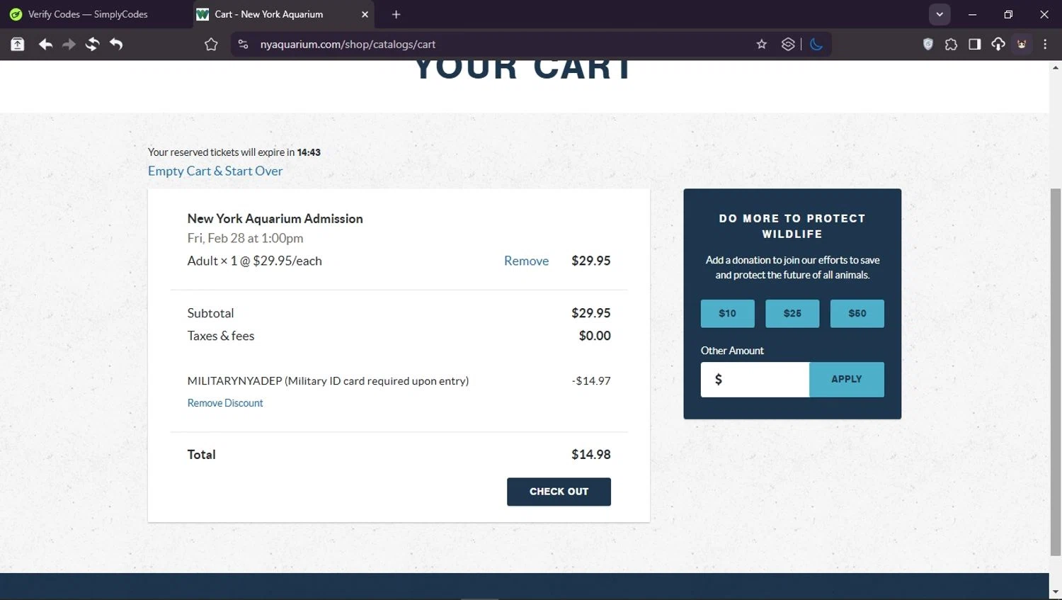 New York Aquarium promo code screenshot showing code MILITARYNYADEP applied at New York Aquarium checkout page. Uploaded by SimplyCodes community member LegendaryCollector6259 on Feb 28, 2025