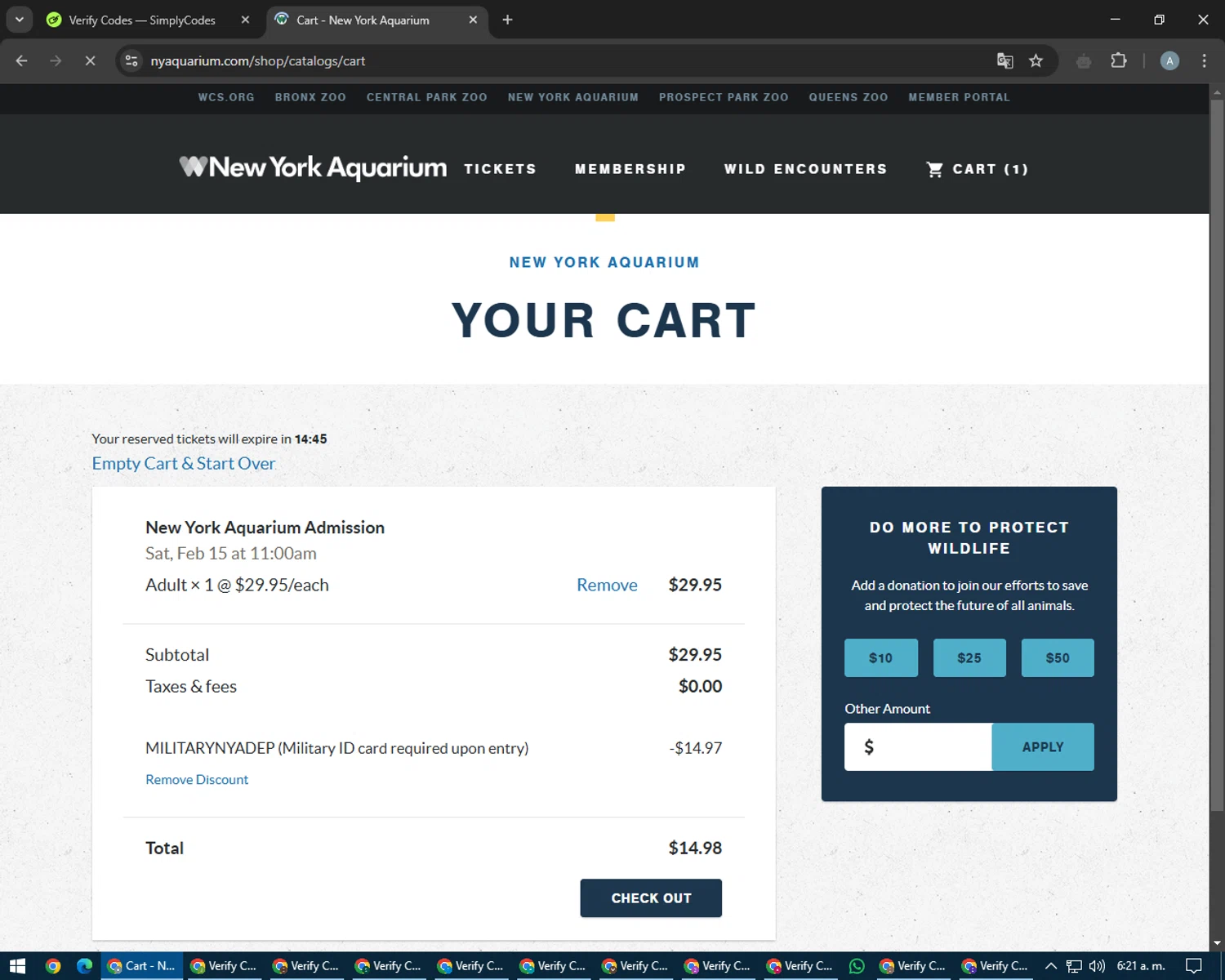 New York Aquarium promo code screenshot showing code MILITARYNYADEP applied at New York Aquarium checkout page. Uploaded by SimplyCodes community member trippieredd on Feb 15, 2025