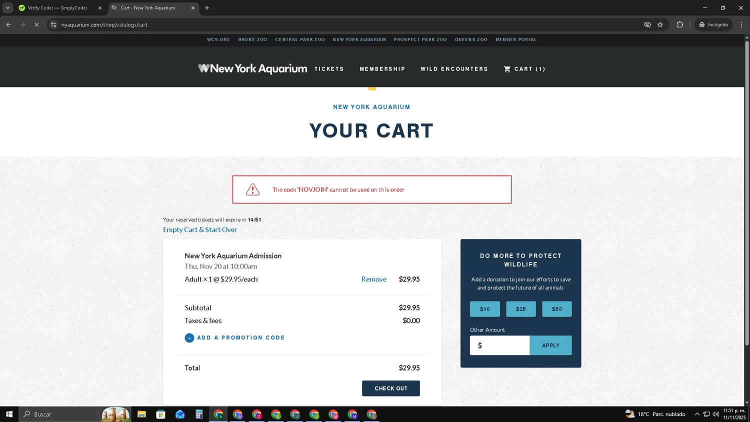 New York Aquarium checkout page showing New York Aquarium promo code box | Screenshot taken by SimplyCodes community member on Nov 12, 2025