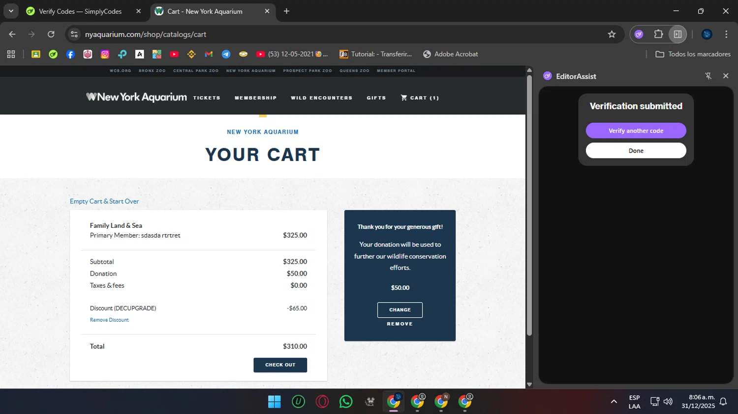 New York Aquarium checkout page showing New York Aquarium promo code box | Screenshot taken by SimplyCodes community member on Dec 31, 2025
