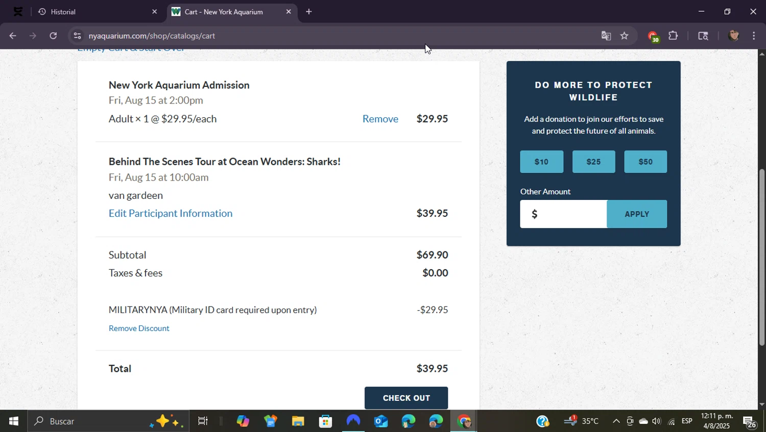 New York Aquarium promo code screenshot showing code MILITARYNYA applied at New York Aquarium checkout page. Uploaded by SimplyCodes community member ShieldEagle9436 on Aug 4, 2025