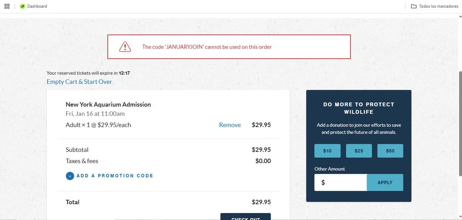 New York Aquarium promo code screenshot showing code JANUARYJOIN applied at New York Aquarium checkout page. Uploaded by SimplyCodes community member Speedy on Jan 2, 2026
