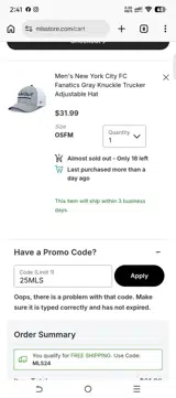 New York City FC coupon verification screenshot