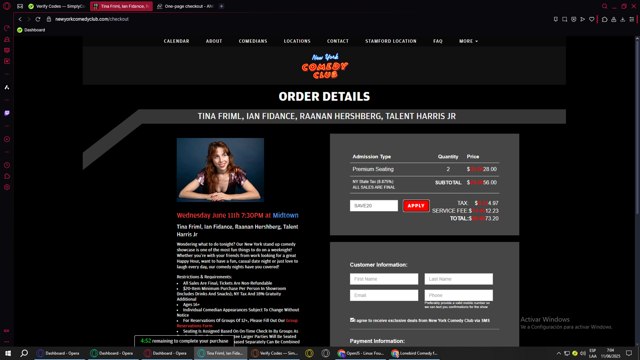 New York Comedy Club checkout page showing New York Comedy Club promo code box | Screenshot taken by SimplyCodes community member on Jun 11, 2025