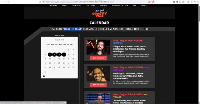 New York Comedy Club checkout page showing New York Comedy Club promo code box | Screenshot taken by SimplyCodes community member on Aug 4, 2025
