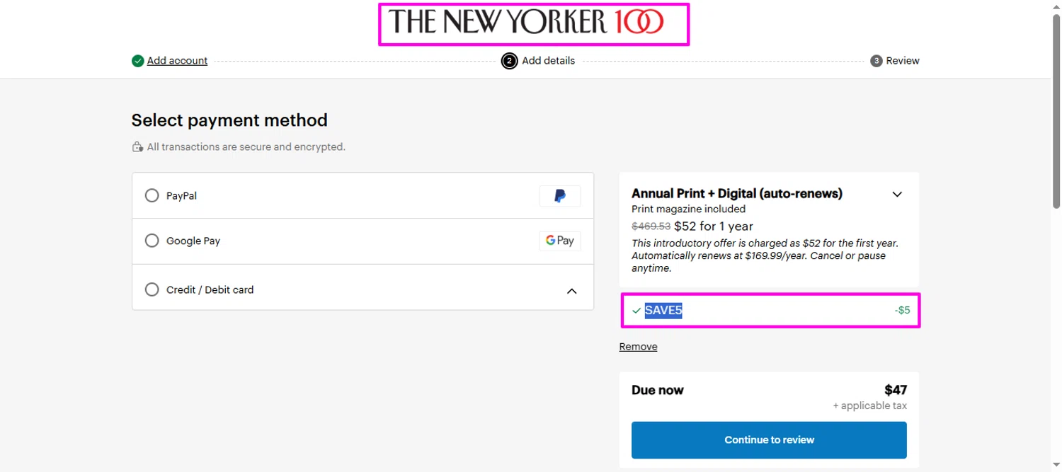 The New Yorker promo code screenshot showing code SAVE5 applied at The New Yorker checkout page. Uploaded by SimplyCodes community member mrdarcy on Jan 31, 2026
