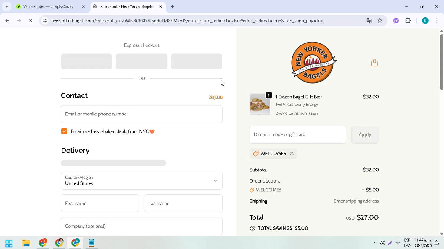 New Yorker Bagels discount code screenshot showing code WELCOME5 applied at New Yorker Bagels checkout page. Uploaded by SimplyCodes community member CodeHunter9012 on Sep 20, 2025