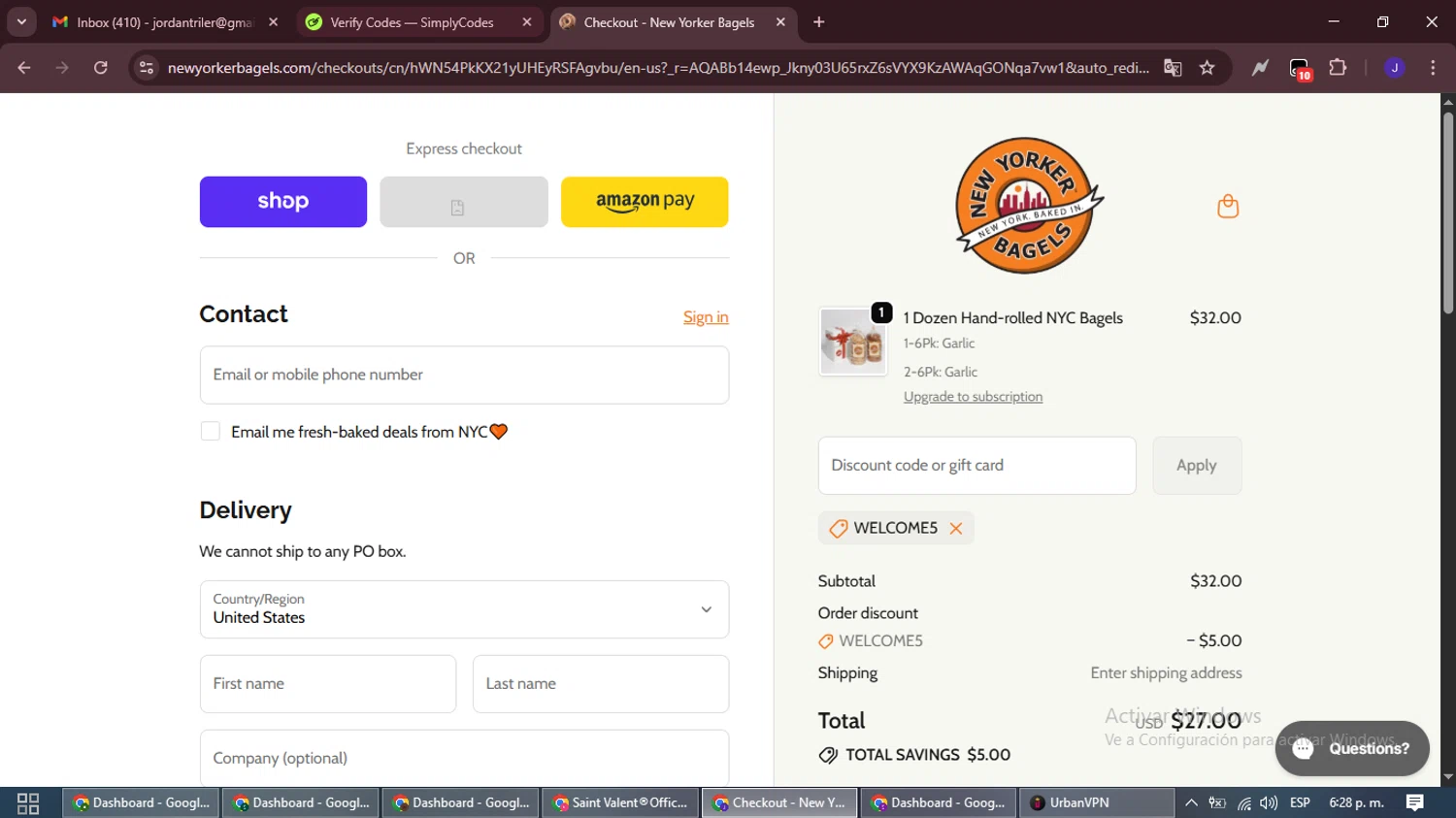 New Yorker Bagels discount code screenshot showing code WELCOME5 applied at New Yorker Bagels checkout page. Uploaded by SimplyCodes community member LegendaryLegend9872 on Nov 8, 2025
