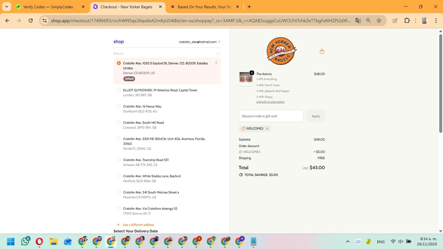 New Yorker Bagels discount code screenshot showing code WELCOME5 applied at New Yorker Bagels checkout page. Uploaded by SimplyCodes community member ManuelF on Nov 29, 2025
