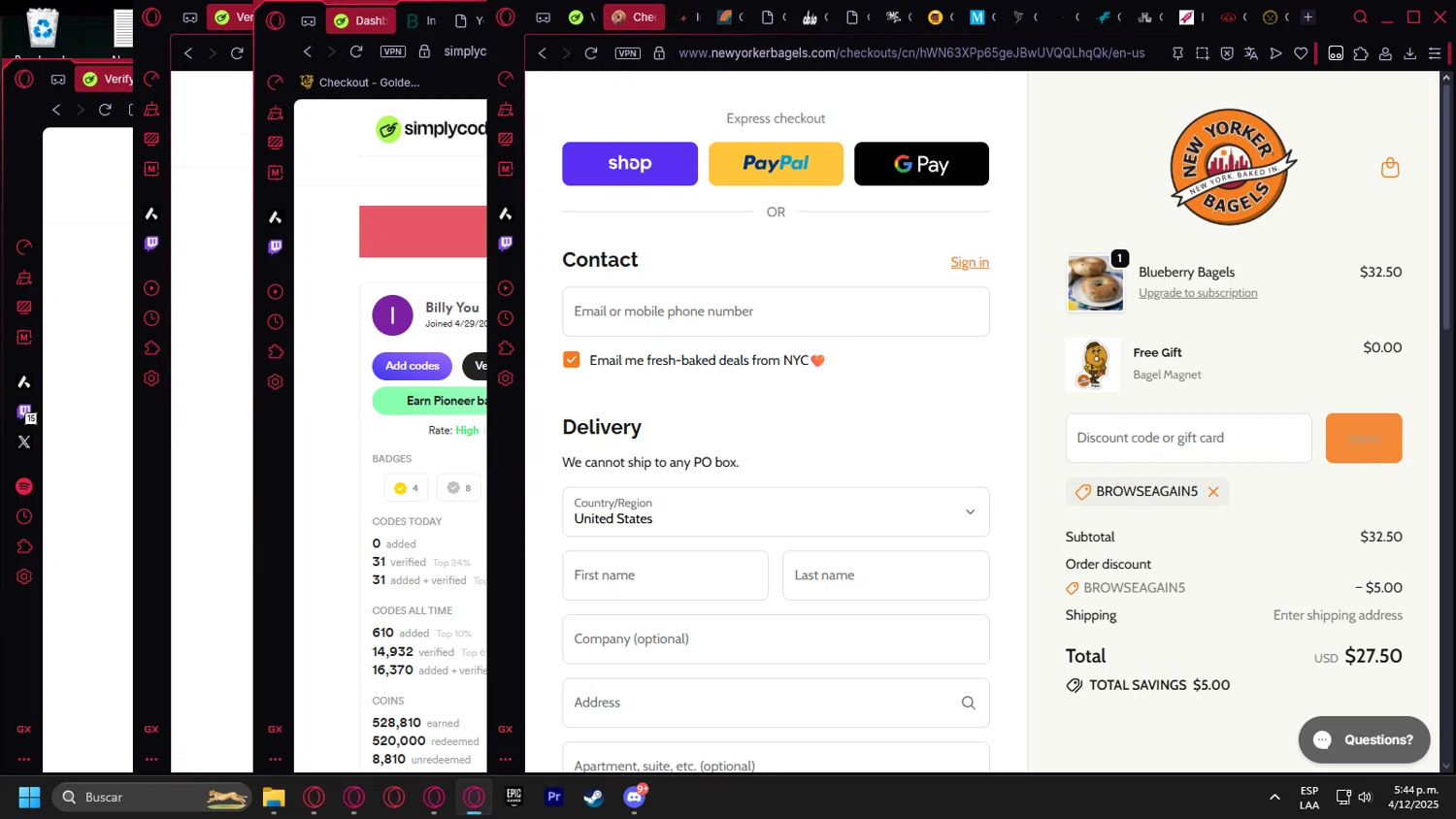 New Yorker Bagels discount code screenshot showing code BROWSEAGAIN5 applied at New Yorker Bagels checkout page. Uploaded by SimplyCodes community member Handivlak on Dec 4, 2025