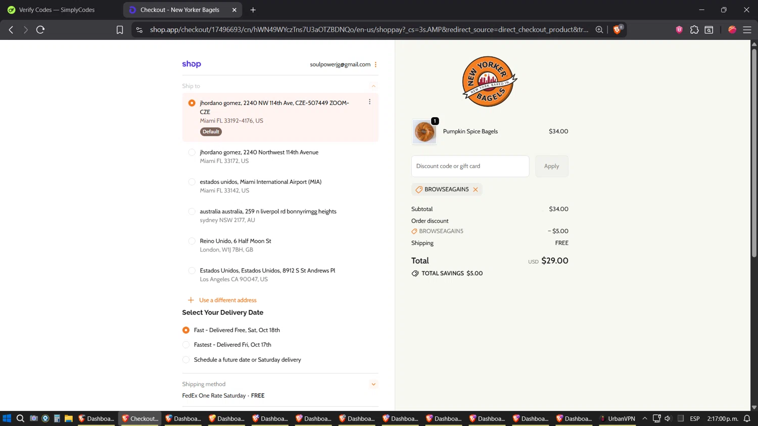 New Yorker Bagels discount code screenshot showing code BROWSEAGAIN5 applied at New Yorker Bagels checkout page. Uploaded by SimplyCodes community member verifier_983798000 on Oct 15, 2025