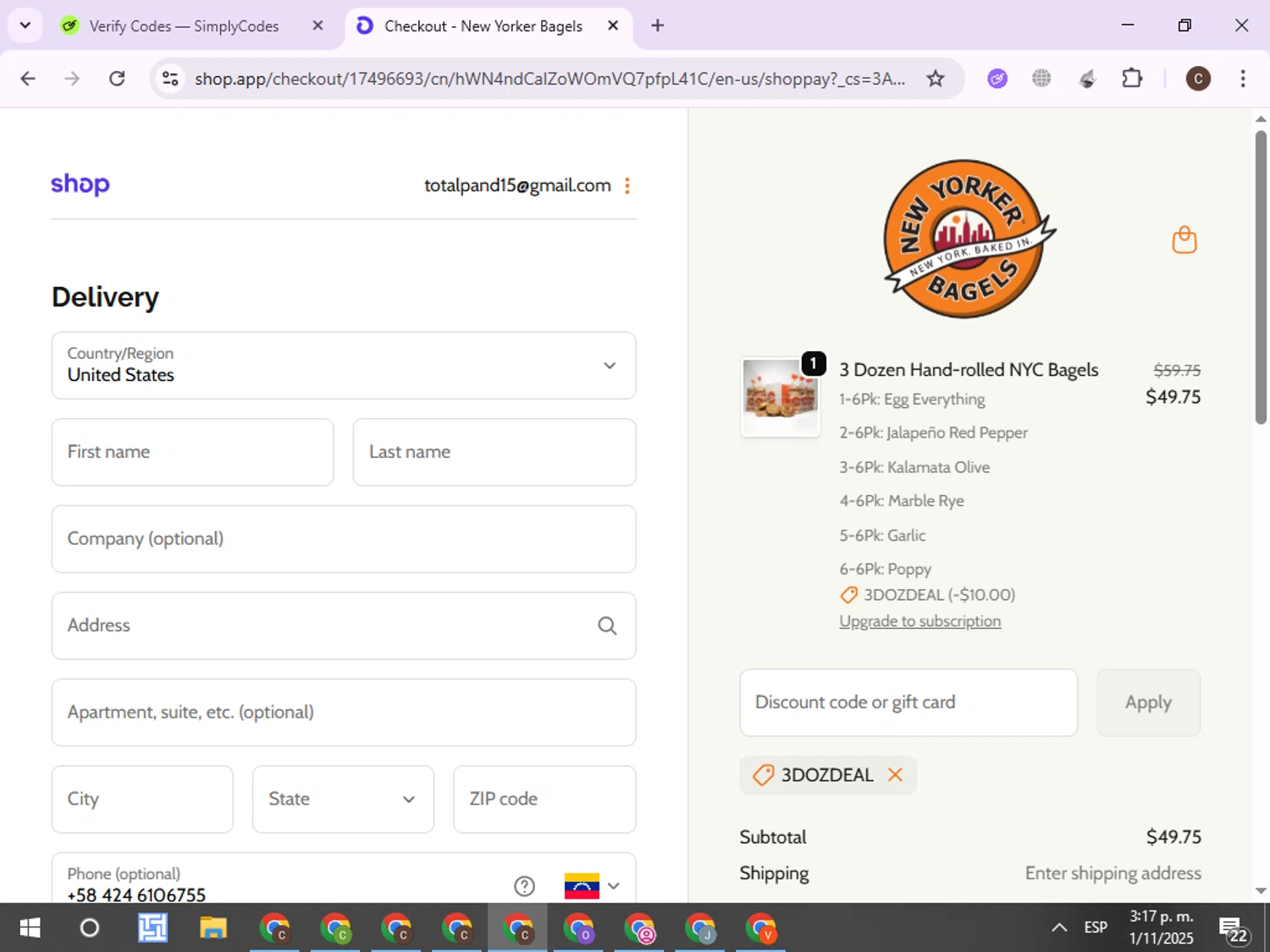 New Yorker Bagels discount code screenshot showing code 3DOZDEAL applied at New Yorker Bagels checkout page. Uploaded by SimplyCodes community member ExtraordinaryPro8536 on Nov 1, 2025