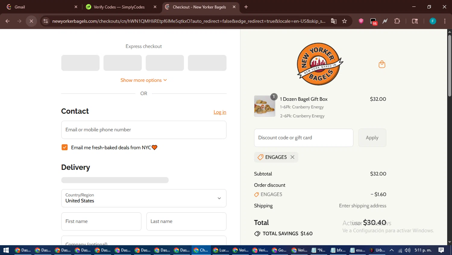 New Yorker Bagels discount code screenshot showing code ENGAGE5 applied at New Yorker Bagels checkout page. Uploaded by SimplyCodes community member ShrewdTitan3233 on Aug 4, 2025