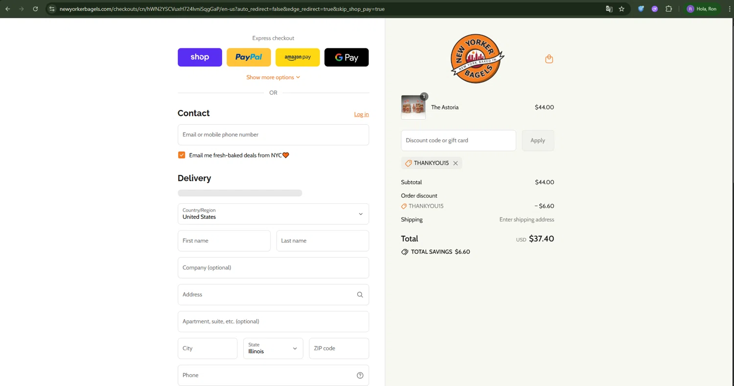 New Yorker Bagels discount code screenshot showing code Thankyou15 applied at New Yorker Bagels checkout page. Uploaded by SimplyCodes community member Ron322 on Sep 3, 2025