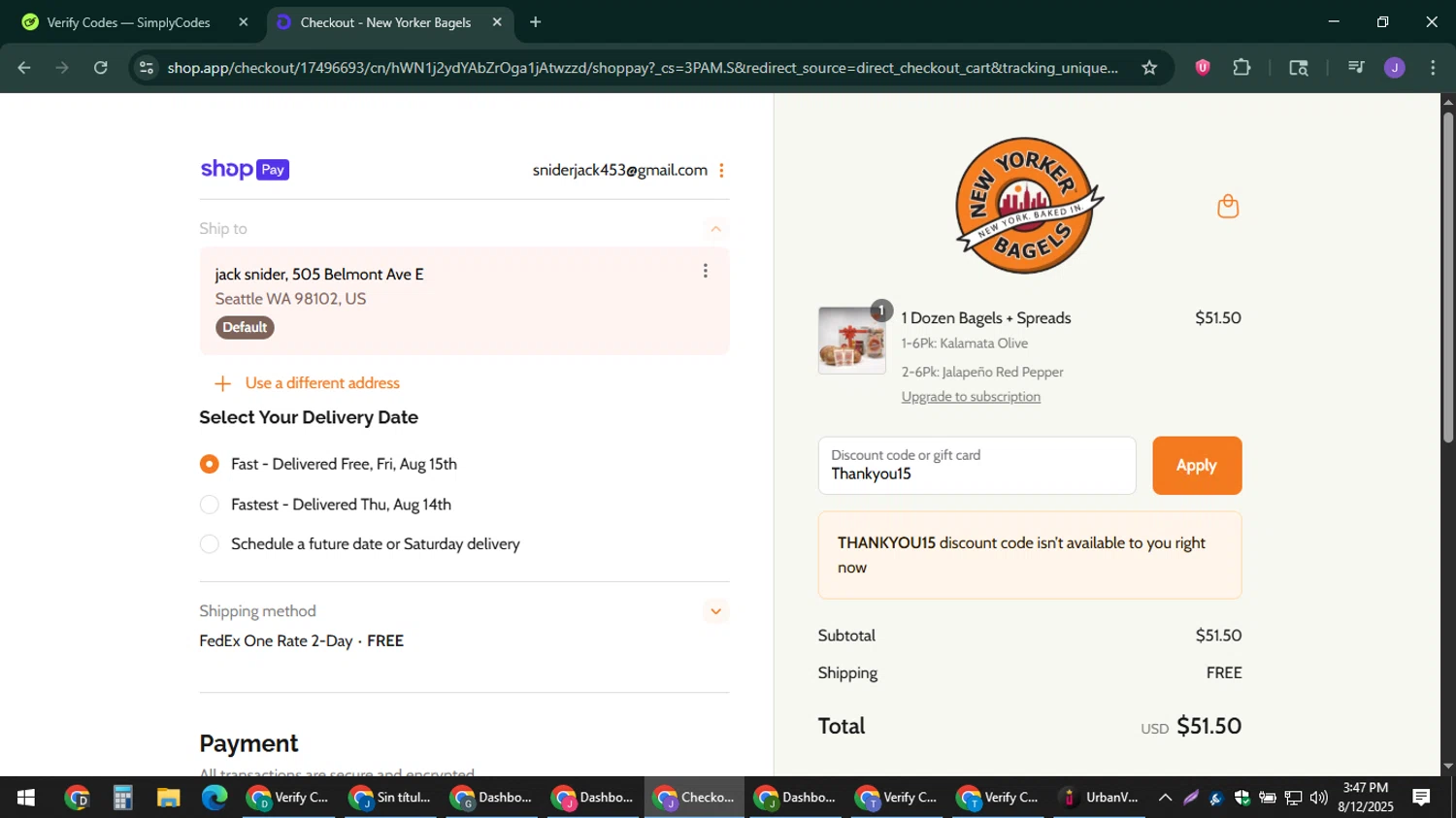 New Yorker Bagels discount code screenshot showing code Thankyou15 applied at New Yorker Bagels checkout page. Uploaded by SimplyCodes community member sniderjack453 on Aug 12, 2025
