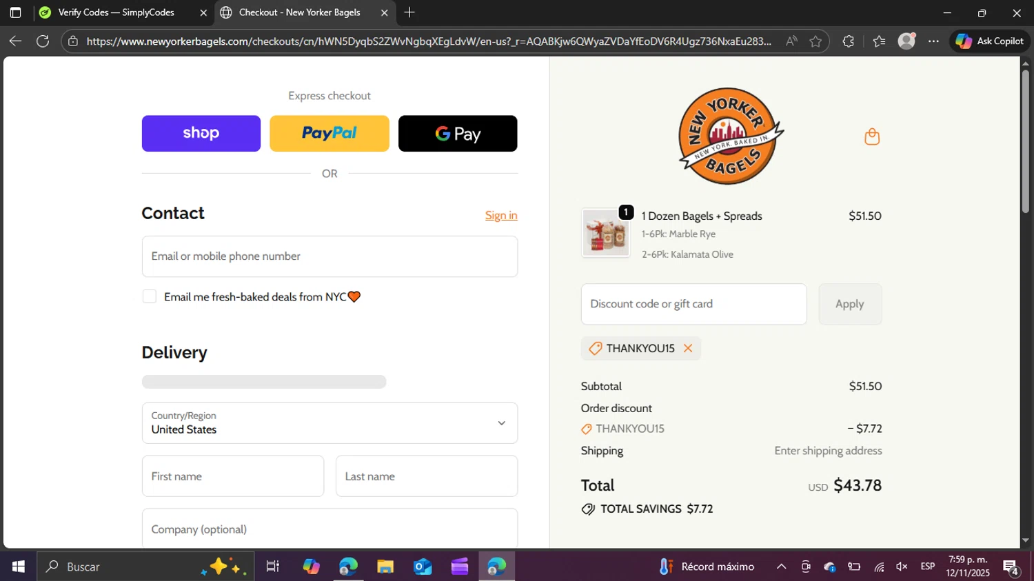 New Yorker Bagels discount code screenshot showing code Thankyou15 applied at New Yorker Bagels checkout page. Uploaded by SimplyCodes community member swiftie on Nov 12, 2025