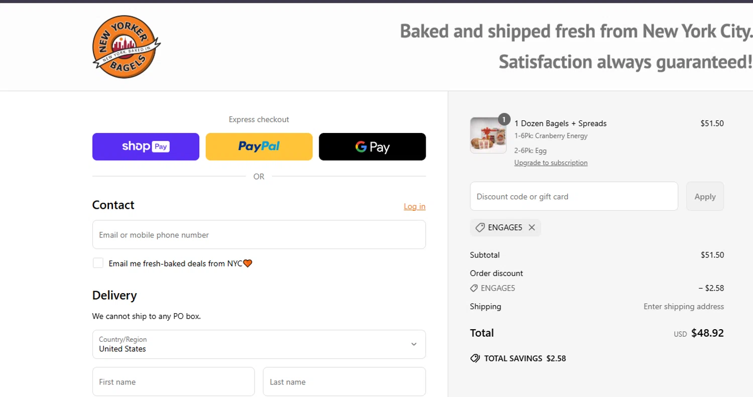 New Yorker Bagels discount code screenshot showing code ENGAGE5 applied at New Yorker Bagels checkout page. Uploaded by SimplyCodes community member ashe1986 on Jun 3, 2025