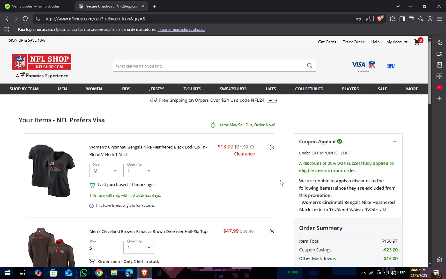 New York Giants promo code screenshot showing code EXTRAPOINTS applied at New York Giants checkout page. Uploaded by SimplyCodes community member SOPACONPAN on May 28, 2025