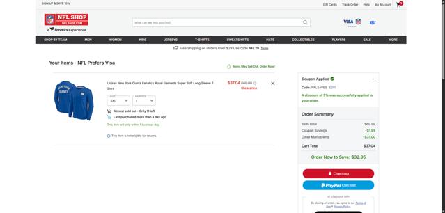 New York Giants checkout page showing New York Giants promo code box | Screenshot taken by SimplyCodes community member on Sep 20, 2025