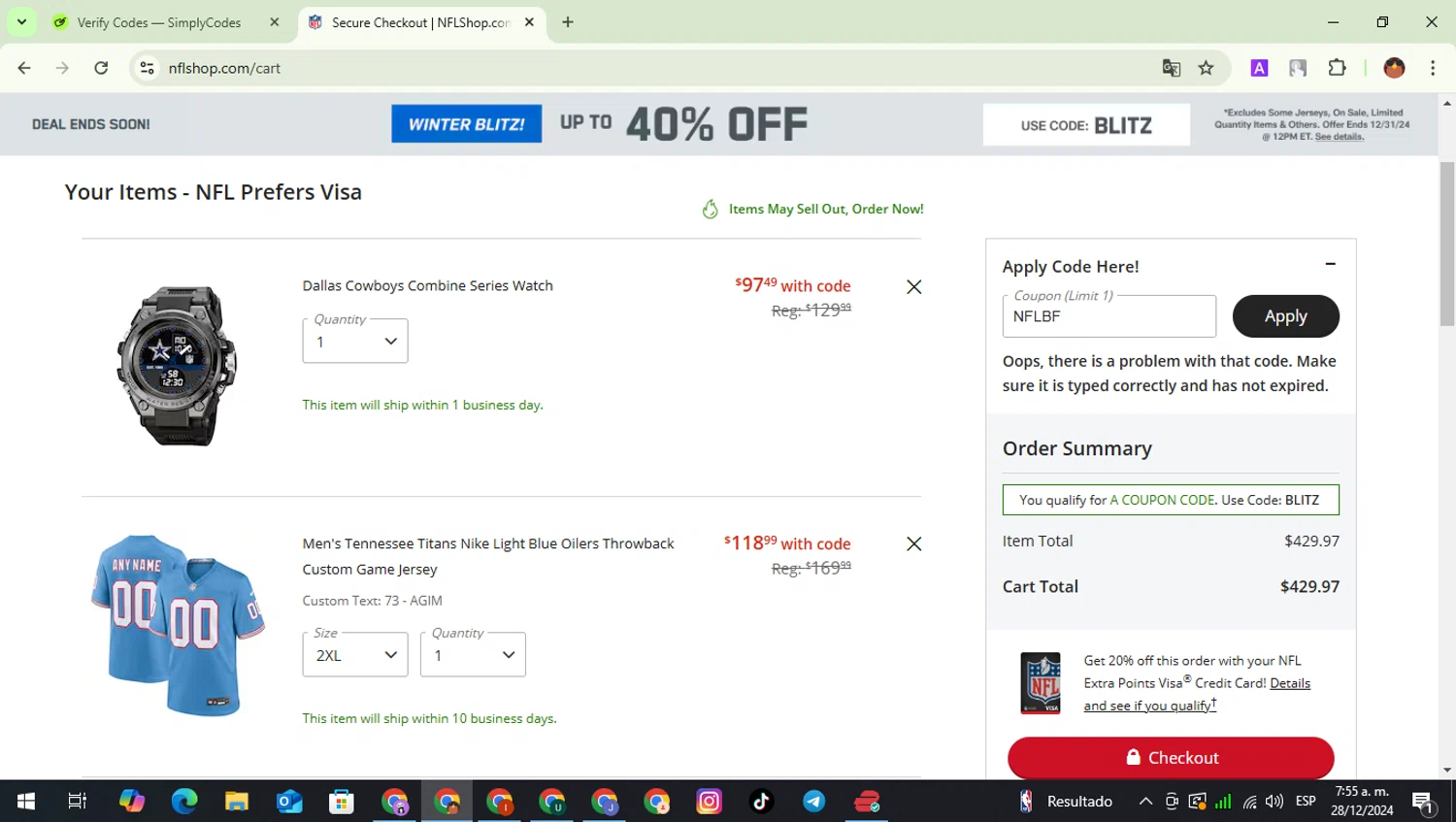 New York Giants promo code screenshot showing code NFLBF applied at New York Giants checkout page. Uploaded by SimplyCodes community member ShieldExpert306 on Dec 28, 2024