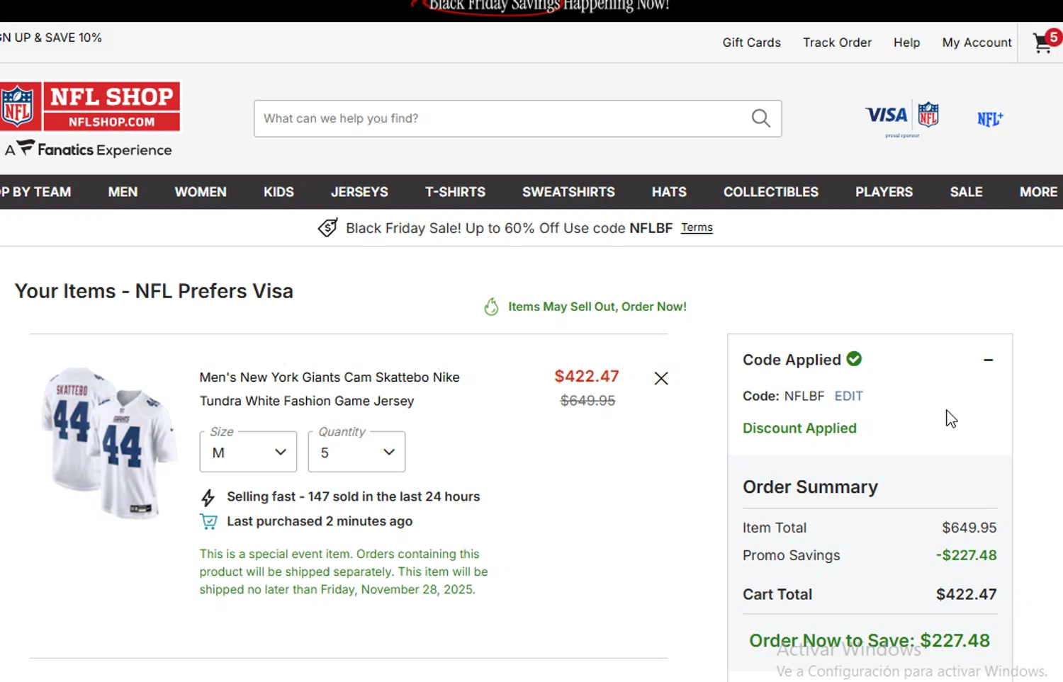 New York Giants promo code screenshot showing code NFLBF applied at New York Giants checkout page. Uploaded by SimplyCodes community member ligthYA on Nov 27, 2025