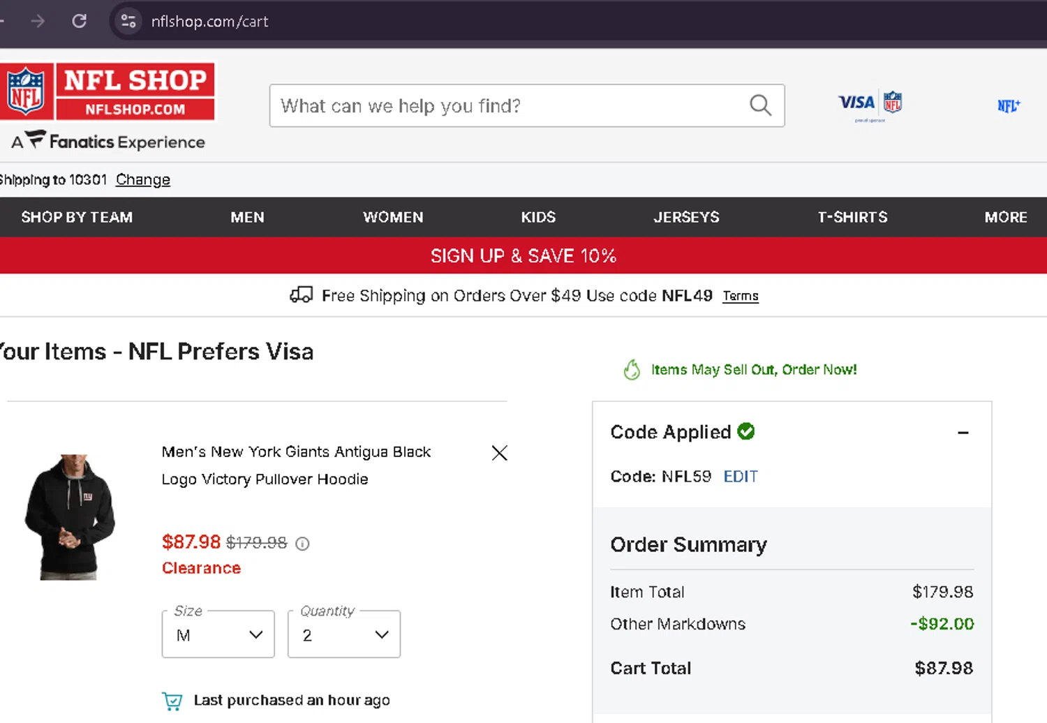 New York Giants checkout page showing New York Giants promo code box | Screenshot taken by SimplyCodes community member on Feb 8, 2026
