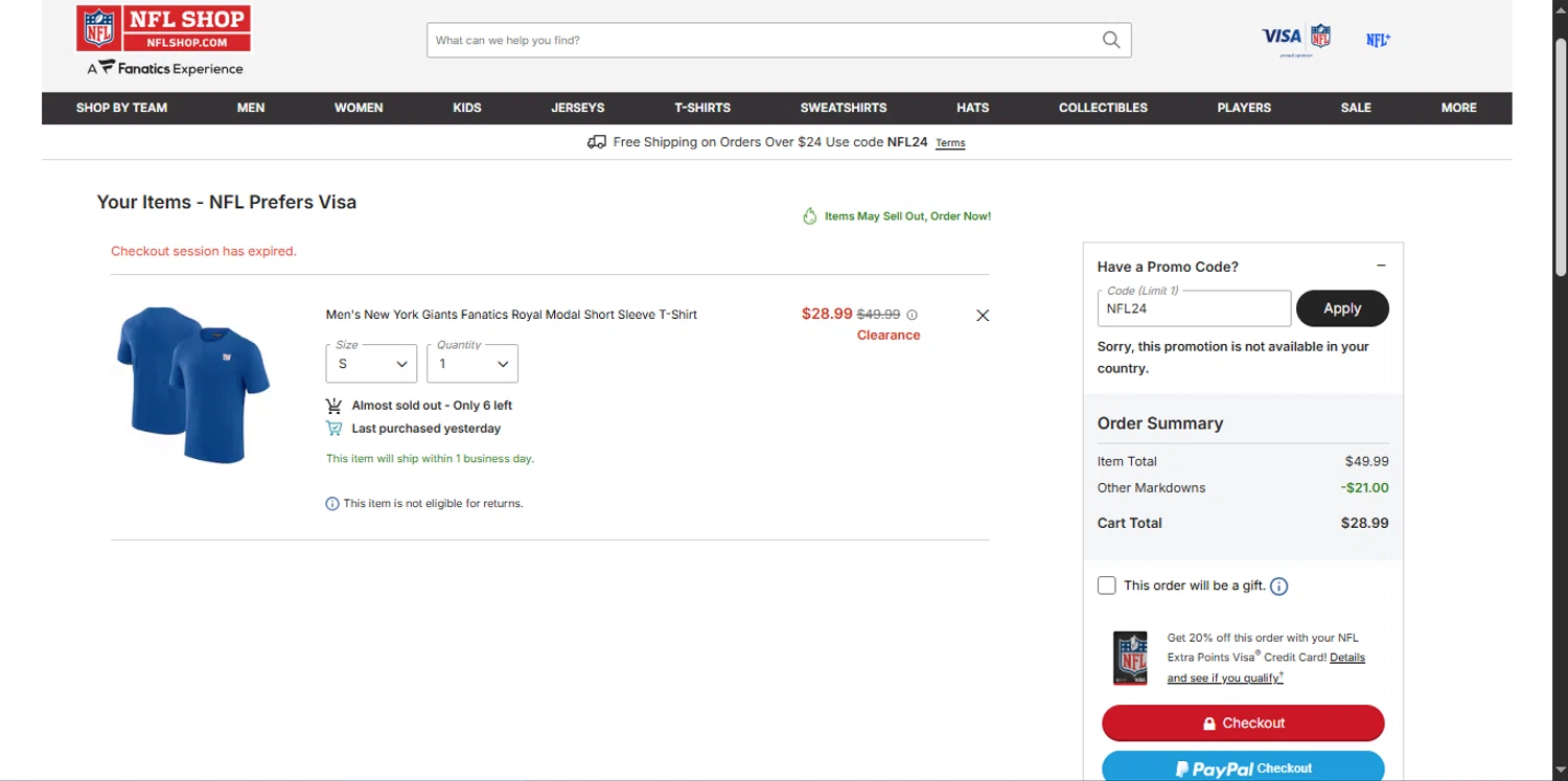 New York Giants checkout page showing New York Giants promo code box | Screenshot taken by SimplyCodes community member on Jan 8, 2026