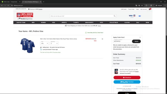 New York Giants checkout page showing New York Giants promo code box | Screenshot taken by SimplyCodes community member on Aug 8, 2025