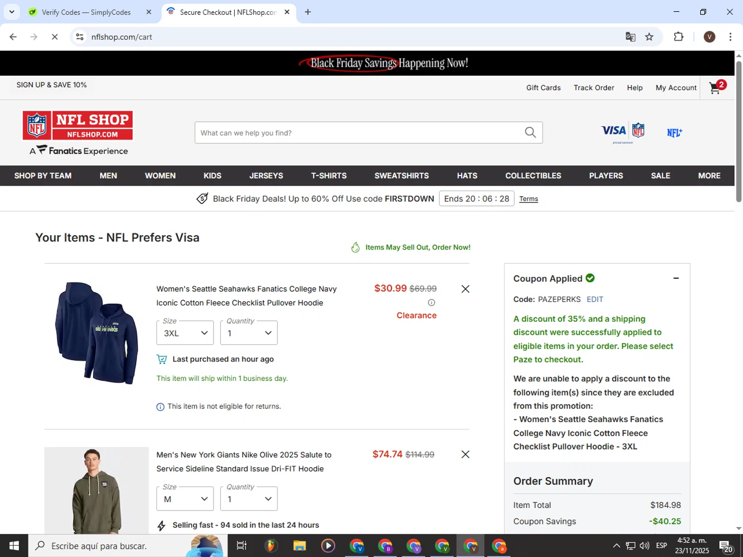 New York Giants promo code screenshot showing code PAZEPERKS applied at New York Giants checkout page. Uploaded by SimplyCodes community member CashLion3448 on Nov 23, 2025