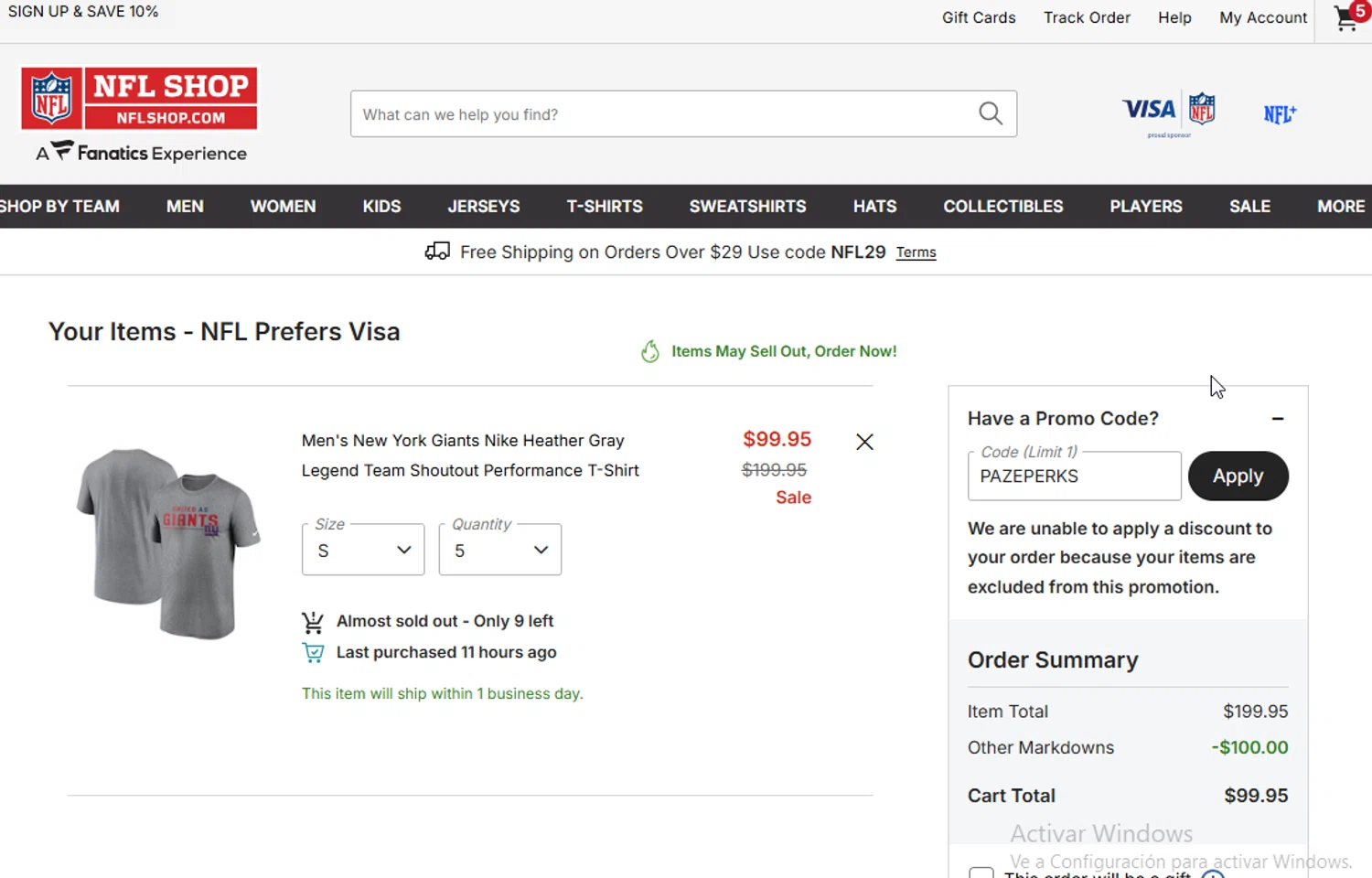 New York Giants promo code screenshot showing code PAZEPERKS applied at New York Giants checkout page. Uploaded by SimplyCodes community member ligthYA on Jan 20, 2026