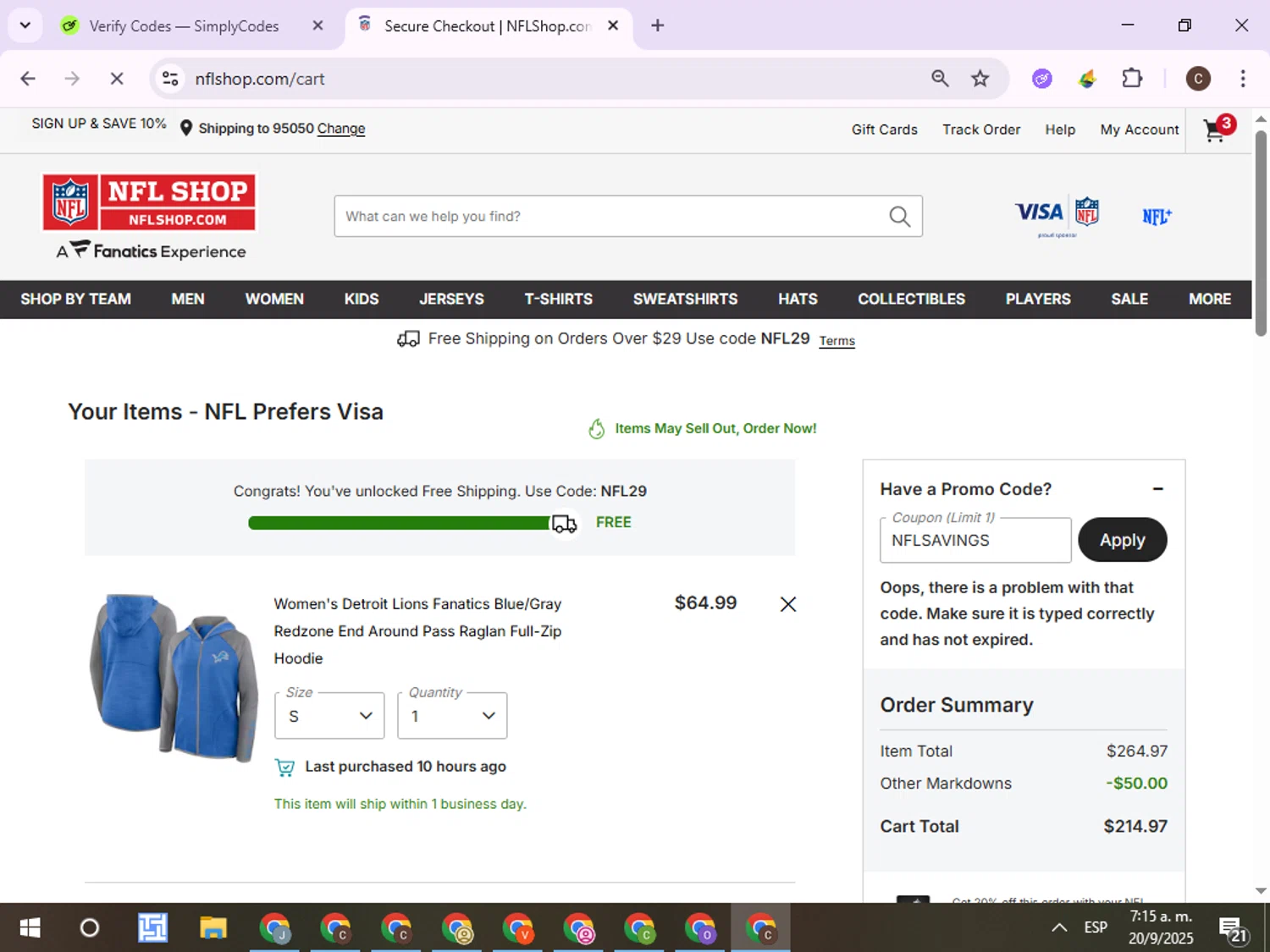 New York Giants promo code screenshot showing code NFLSAVINGS applied at New York Giants checkout page. Uploaded by SimplyCodes community member ExtraordinaryPro8536 on Sep 20, 2025